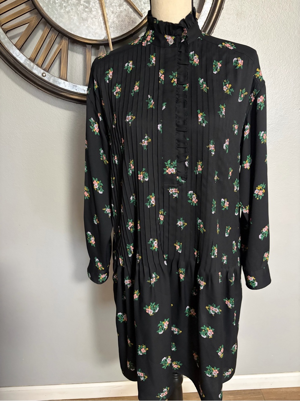TORY BURCH Black Floral Long Sleeve Tunic Dress